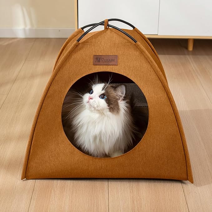 Pop-up Cat Tent Indoor Outdoor,Waterproof Cat House with Removable Cushion for All Seasons, Portable Pyramid Cat Cave Bed for Cats & Small Dogs, No Assembly Folding Pet Tent,Brown