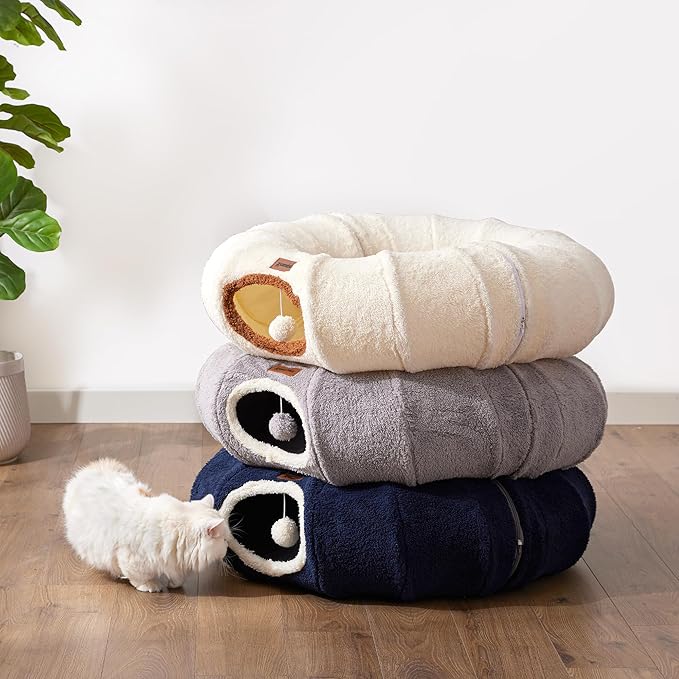 Cat Tunnel Bed for Indoor Cats, Cute Cat Donut Toy Tunnel for Small Large Cats, Peekaboo Pet Cave Play Tunnel Toys for Kitten/Rabbit,Beige