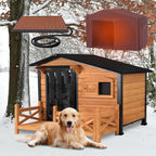 Heated Dog House Outdoor Insulated Weatherproof Dog Kennel with Anti-bite Iron Frame, Heating Pad and Insulated Liner, Dog Shelter with Porch and Sliding Window for Small to Large Breeds (Brown)