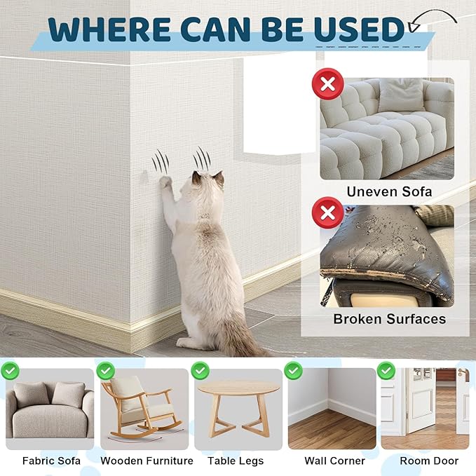 Cat Scratch Furniture Protector, Cat Scratching Mat, Trimmable Self-Adhesive Cats Claws Scratch Pads, DIY Carpet Mat Replacement for Cats Tree, Cats Wall Shelves (Transparent, 12x196.8in)