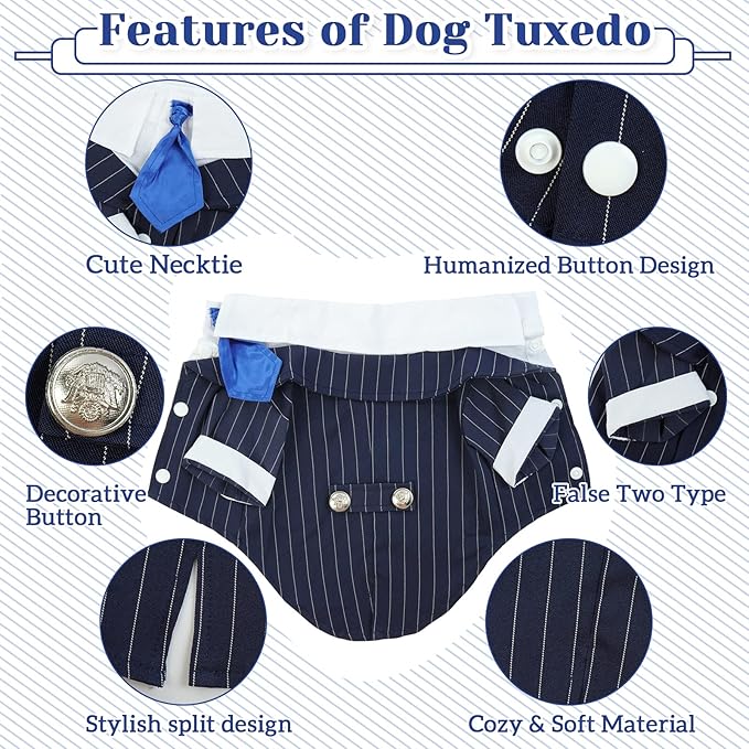 DENTRUN Navy Blue Dog Tuxedo - Formal Pinstripe Pet Suit Shirt with Satin Tie, Elegant Wedding Outfit Birthday Party Attire for Siberian Husky Border Collie Large Dogs (Polyester), XL