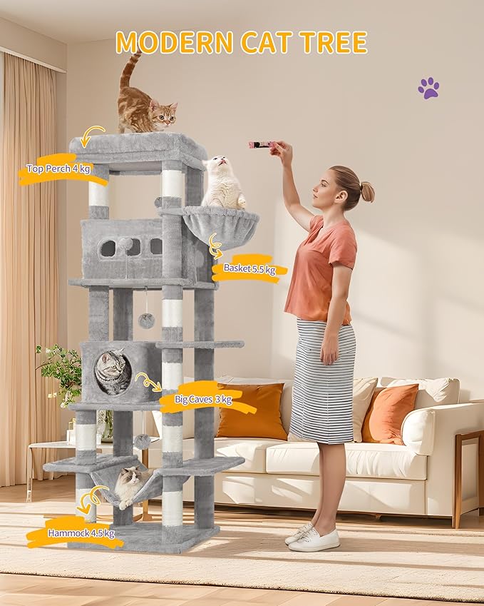 Cat Tree, 66.9" Large Cat Tower for Indoor Cats, Multi-Level Cat House with Condo, 8 Scratching Posts, Hammock, 4 Pom Poms, Light Grey MS17018LG