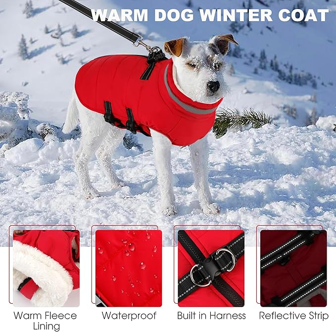 Mklhgty Medium Dog Coat with Harness Built-in, Waterproof Reflective Fleece Lined - Warm Windproof Winter Jacket with Back Zipper, Cold Weather Snow Dog Coats - Red - M
