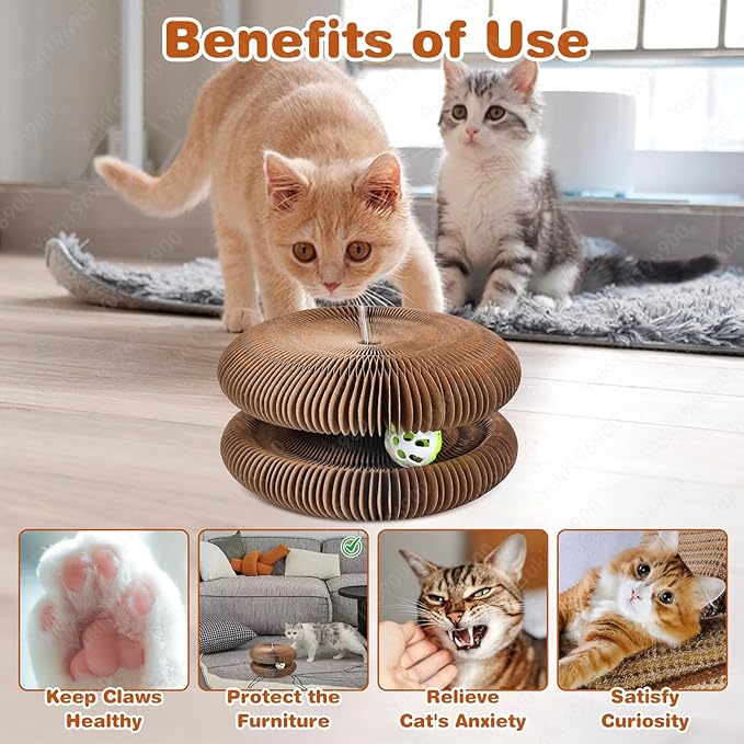 Kitty Curls Cat Toys Magic Organ Cat Scratcher Pad, Interactive Cat Toys for Indoor Cats with Compact Accordion Design and Bell Ball, Helps Relieve Anxiety, Boost Claw Health, Protect Furniture