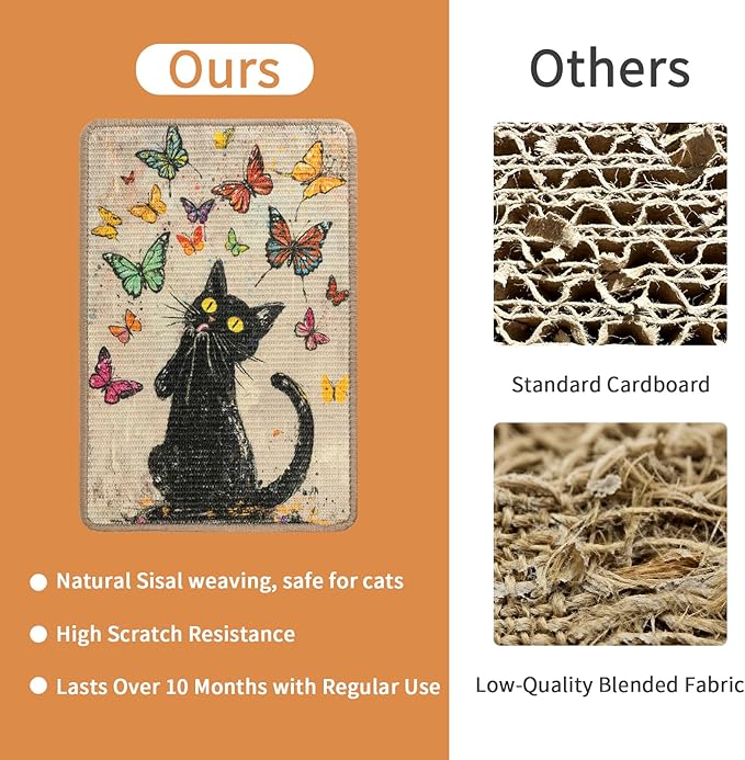 Sisal Cat Scratcher Mat Cat Wall Scratcher for Indoor Scratch Pad Wall Mounted Scratching Post to Protect Couch Carpet Furniture 23.6"x15.7" (Colorful Butterflies Cat)