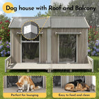59''L Extra Large Dog House with 2 Doors, Wooden XL Dog House Outdoor Weatherproof with Chew-Proof Iron Frame, Openable Roof, 2 Windows, Indoor Doghouse Pet Shelter Fits Small to Middle Dogs