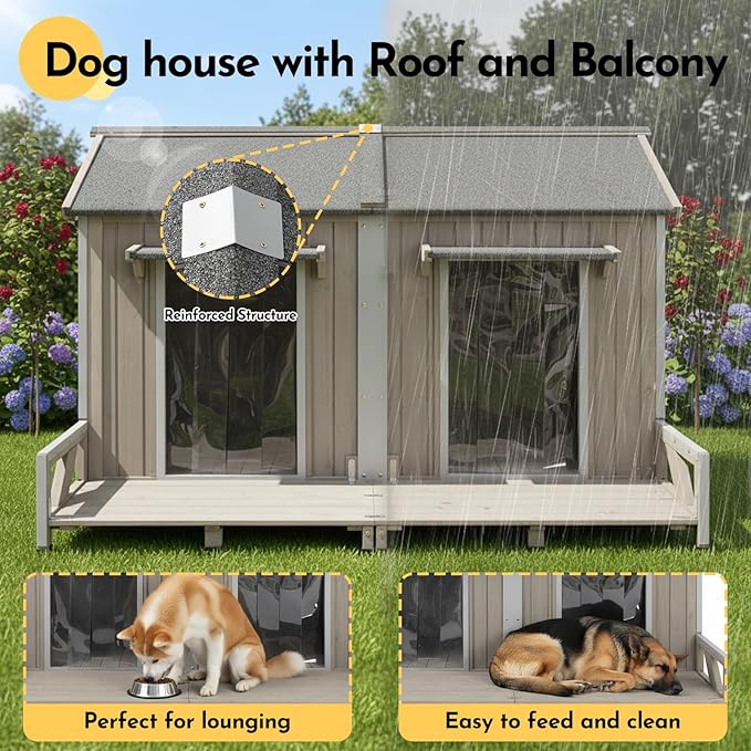 59''L Extra Large Dog House with 2 Doors, Wooden XL Dog House Outdoor Weatherproof with Chew-Proof Iron Frame, Openable Roof, 2 Windows, Indoor Doghouse Pet Shelter Fits Small to Middle Dogs