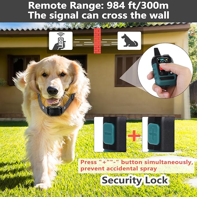 Citronella Bark Collar for Dogs, Dog Training Anti Bark Collar with Remote, 4 Modes Spray/Vibration/Sound/Reinforcement Spray, 1000FT Control Range for S/M/L Dogs (Green)