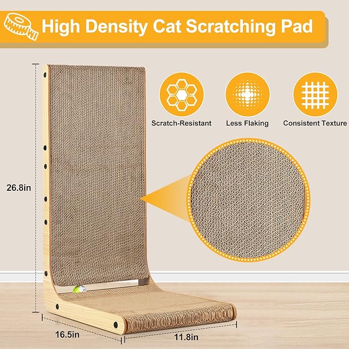 Cat Scratcher L Shape Large, 26.8 inch Cat Scratching Pad for Indoor Cats, Cardboard Cat Scratch Pad with Ball Toy