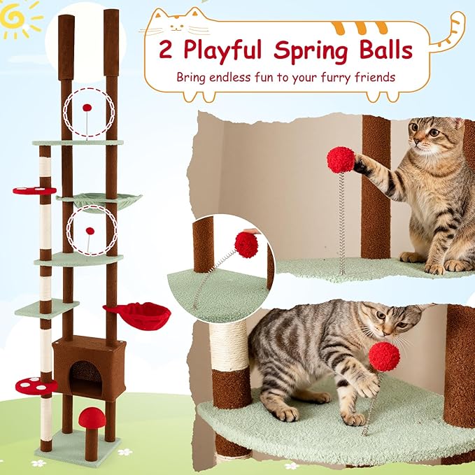 PETSITE Mushroom Floor to Ceiling Cat Tree, 79.5-104.5 Inches Height Adjustable Cute Ceiling Cat Tower with Sisal Scratching Posts, Condo, Side Basket Bed, Spring Toy, and Multiple Jumping Platforms