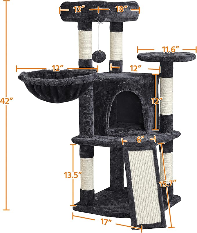Topeakmart 42in Cat Tree Tower for Indoor Cats, Cat Condo with Perch & Hammock, Activity Center, Multi-Level Cat Furniture with Scratching Posts, Cat House, Black