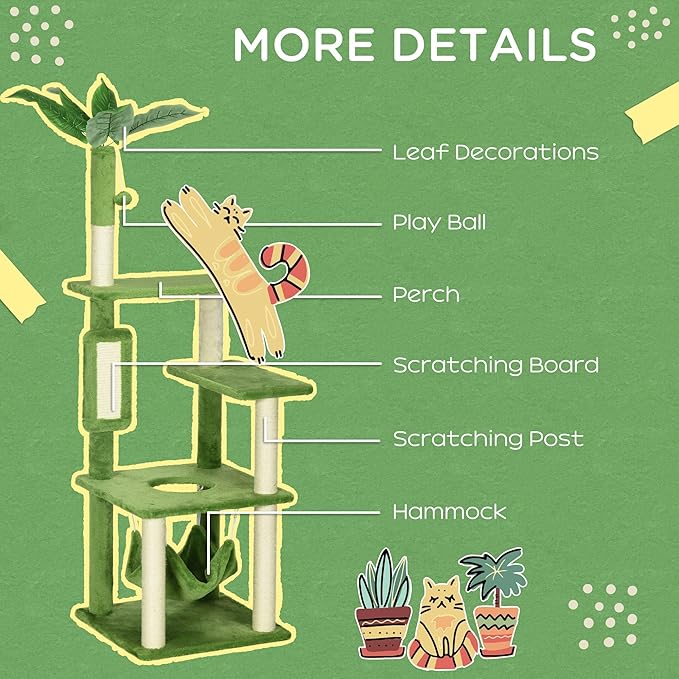 56" Cat Tree for Indoor Cats with Hammock, Scratching Posts & Play Ball, Multi-Level Cat Tower with Anti-Tip Device, Plush Perches & Sisal Rope (Green, 19.25x19.25x56 Inches)