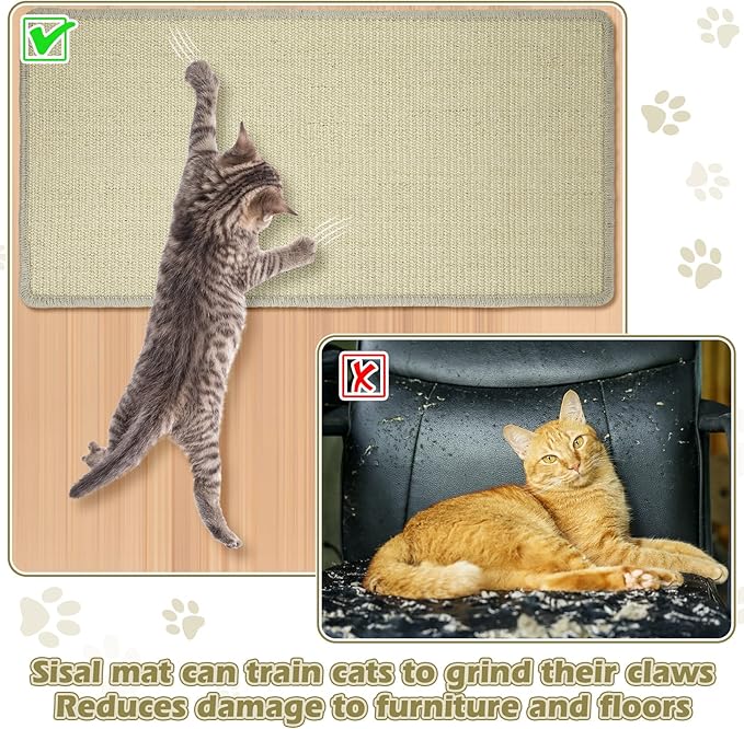 Riakrum Cat Scratch Pad, 2 Pack 32 x 16 Inches Sisal Mat, Natural Fabric Cat Pad, Horizontal Scratching Mat Protector for Furniture, Sofa and Wall (Beige)