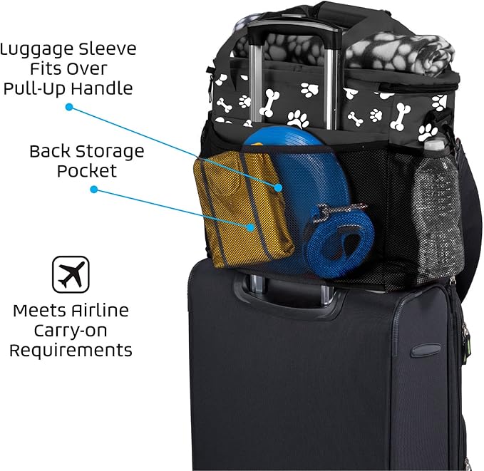 Week Away Dog Travel Bag (15"x7"x14", Paw Print) - Includes 2 Pet Food Storage Containers + 2 Collapsible Dog Water Bowls - Airline Approved Travel Accessories, Great for Weekend Trips