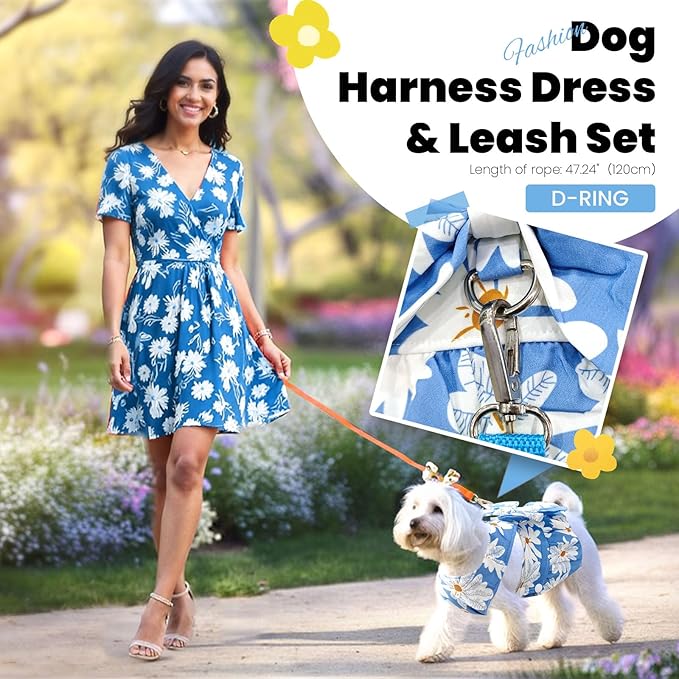 Cute Dog Dress Small Dog Clothes for Girls Female Puppy Outfits Blue Daisy Pet Summer Clothes Bowknot Doggy Cat Princess Dress Harness Set for Holiday Birthday Party Costume Clothing(Blue,XS)