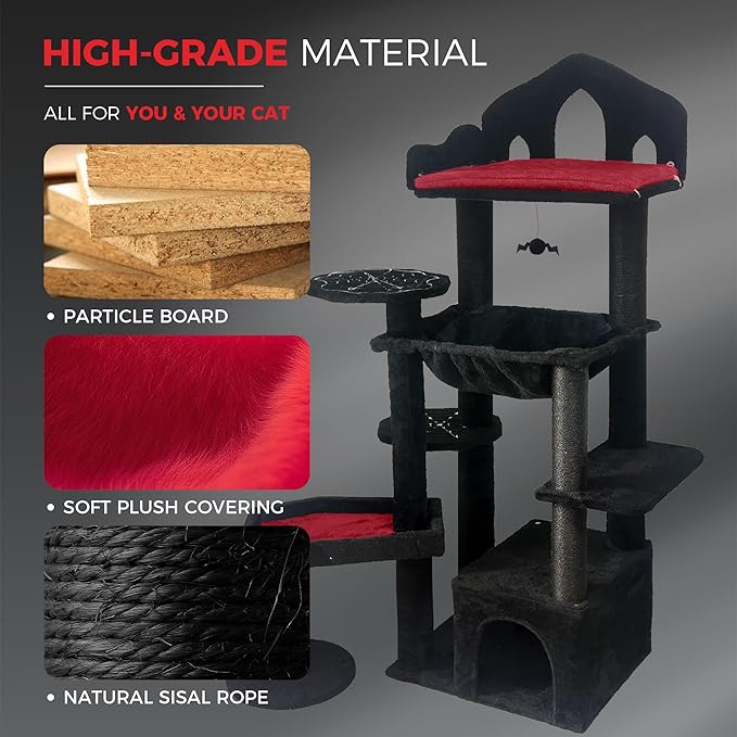 Gothic Cat Tree Tower 58" - Spooky Cat Condo with Throne Bed, Hanging Bat, Sisal Scratching Posts & Multi - Level Platforms, Elegant Black Cat Furniture for Indoor Cats