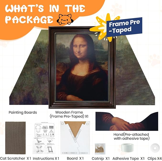 Mona Lisa Cat Bed Painting Cat Scratcher Bed CartBoard Cat House for Indoor Cats Half-Surround Design W/Horizontal Cat Scratcher Scratching Board W/Catnip(Mona Lisa, Frame Pre-Taped)