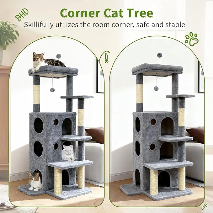 Cat Tree Tower for Indoor Cats, Adult Cat Tree House for Large Adult Cats with Steps, Scratching Post, 3 Cat Caves, Dangling Toys (Grey)