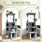 Cat Tree Tower for Indoor Cats, Adult Cat Tree House for Large Adult Cats with Steps, Scratching Post, 3 Cat Caves, Dangling Toys (Grey)