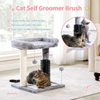 Small 4-in-1 Cat Tree Tower with Self-Grooming Brush, Sisal Scratching Post, Plush Cat Bed & Hanging Ball Toy, Compact Cat Tree for Indoor Kittens, Grey