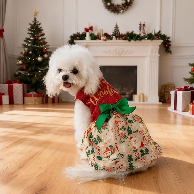 Dog Christmas Outfit Cute Dog Christmas Dress with Bowknot Tulle Puppy Clothes for Small Medium Dogs Cats Boys Girls Pet Costume