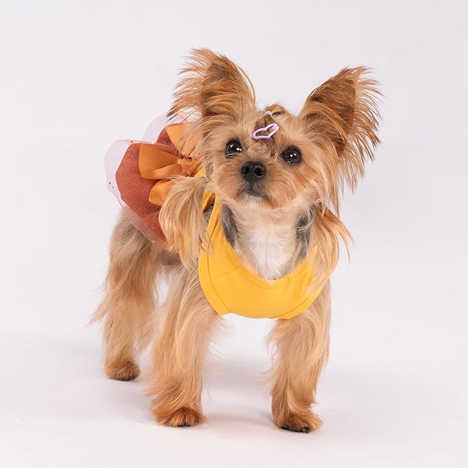 Fitwarm Gobble 'til You Wobble Dog Dress, Funny Thanksgiving Outfit for Small Dogs Girl, Festive Pet Clothes, Yellow, Orange, XS