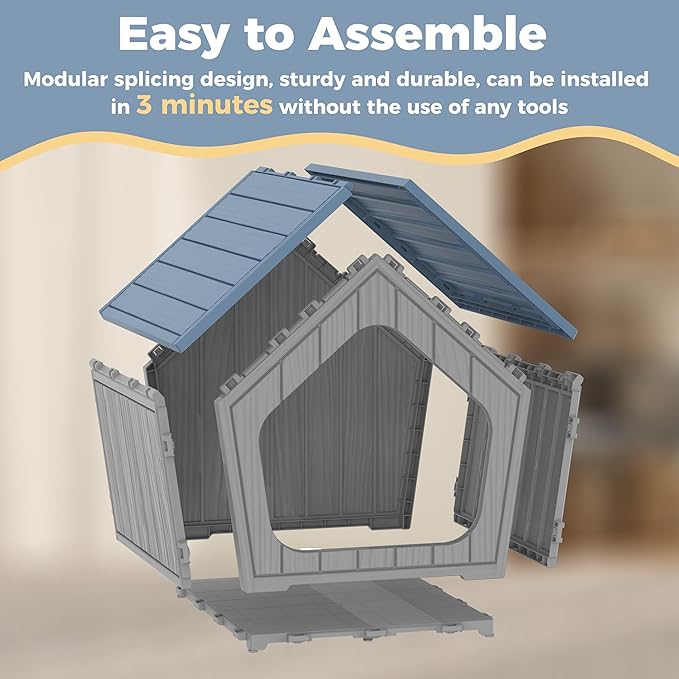 Dog House Outdoor for Puppy, Durable Small Dog House Indoor, Waterproof and Scratch Resistant Animal Shelter with Air Vents and Elevated Floor, Easy Assembly (Deep Blue)