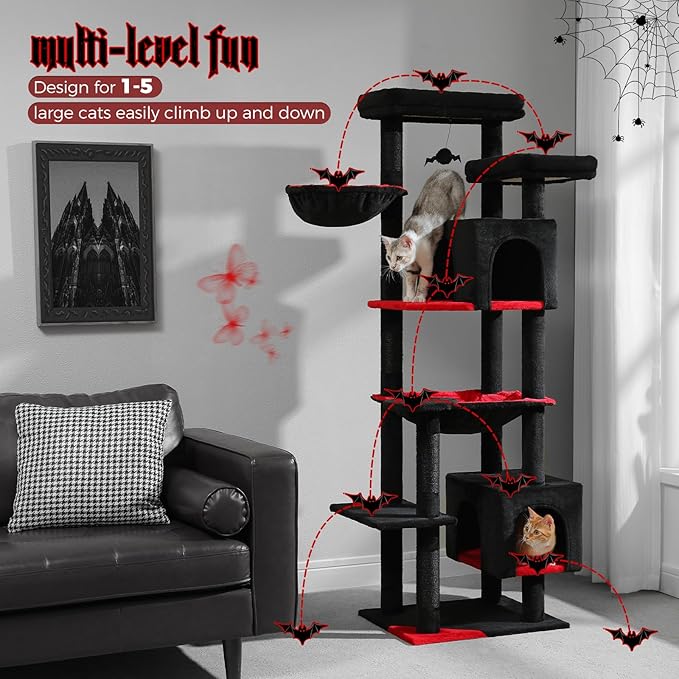 PETEPELA Cat Tree, 69-Inch Gothic Cat Tower for Indoor Large Cats with Super Large Hammock, Tall Cat Climbing Tree Tower with Scratching Posts, Cozy Condo House and Top Perch, Black