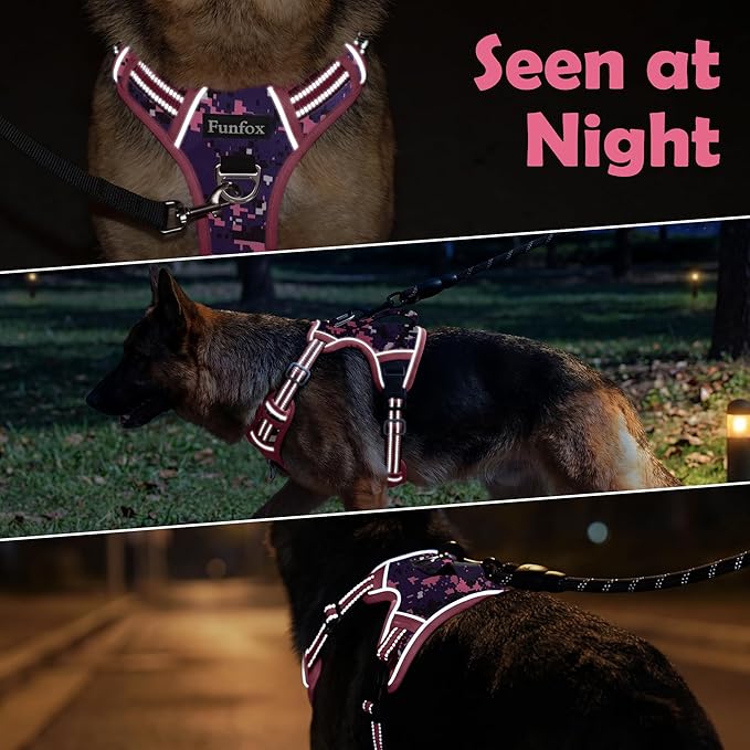 Funfox Dog Harness No Pull, Adjustable Pet Vest Harness, Super Soft Material with Vertical Handle Easy Control, Reflective Night Walking, 2 Leash Clips for Large Dogs, Mosaic Pink, L