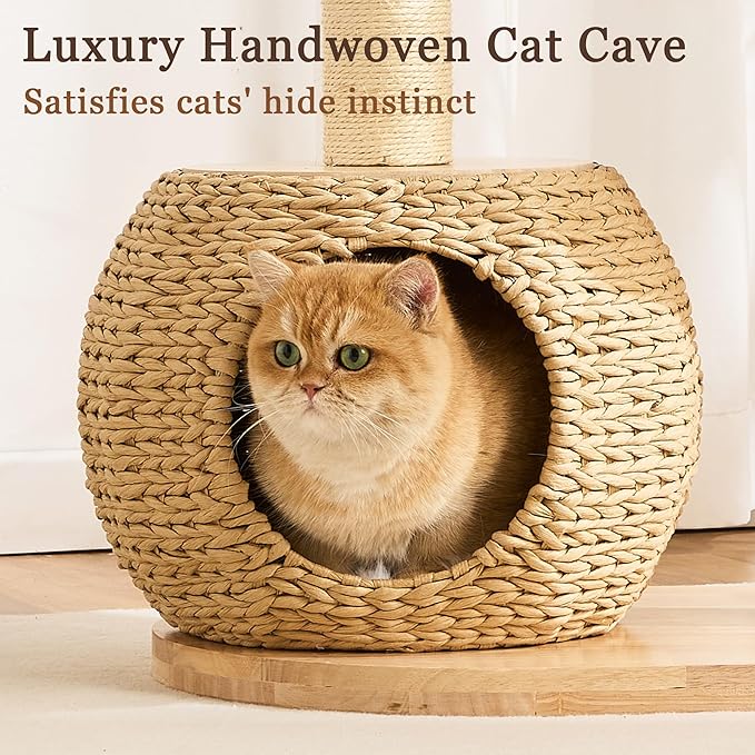 Modern Solid Wood Cat Tree Tower for Indoor Cats Large Adult, 30 inch Corner Cat Tree with Handmade Rattan Cat Bed, Luxury Aesthetic Cat Tree with Rattan Cave, Soft Plush Bed, Groomer, Scratching Post