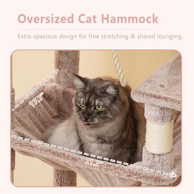 Heybly Heavy Duty Cat Tree, 64.2-Inch Tall Tower for Large Indoor Cats with Widened Structure, Cat Furniture with Big Platforms, Extra-Large Hammock, Sisal Scratching Posts & Board, Muchroom HCT027MU