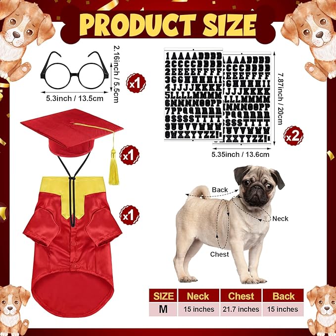5 Pcs Dog Graduation Costume Set Include 2026 Pet Graduation Gown with Stole Puppy Grad Cap Lensless Glasses DIY Letter Stickers for Dogs Cats Holiday Costume Accessory(Red Yellow,M)