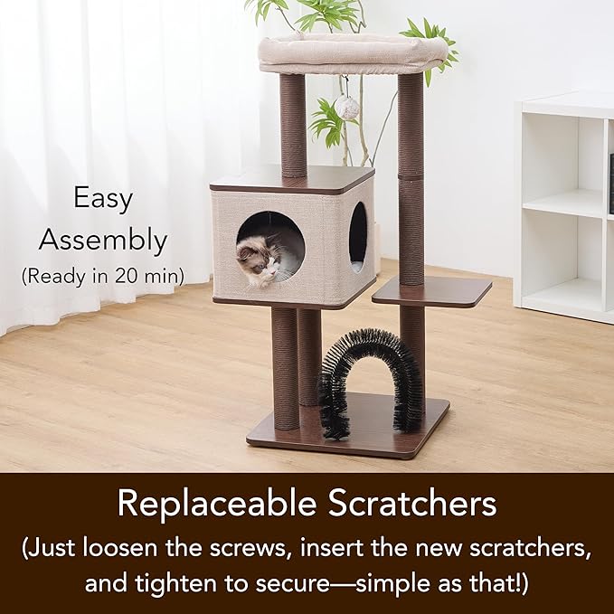 Petpals 4 Level 43" Minimalist Design Cat Tree with Wood Condo,Replaceable Paper Rope Scratching Posts,Full Body Bruch,Removeable and Washabel Bed (Brown and Beige)