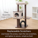 Petpals 4 Level 43" Minimalist Design Cat Tree with Wood Condo,Replaceable Paper Rope Scratching Posts,Full Body Bruch,Removeable and Washabel Bed (Brown and Beige)