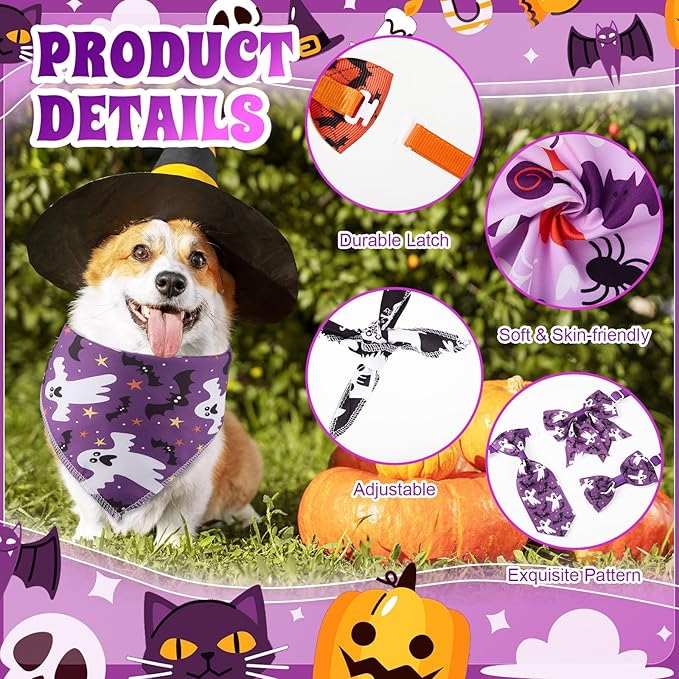 Reginary 120 Pcs Halloween Dog Bandanas Bulk Dog Bows Set Bow Ties Cat Scarf Colorful Washable Triangle Pet Kerchief Cute Bib for Summer Small Medium Large Pets Grooming Accessories Costume