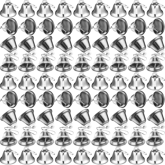 Shimeyao 100 Pieces Bells 1.5 x 1.57 Inch Vintage Small Bells with Spring Hooks for Craft Wind Chimes Dog Potty Training Doorbell Wedding Decor Craft Making Hanging Favor
