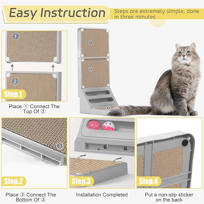 Cat Scratcher Cat Scratch Pad L Shape Wall Mounted Dual Use (Vert/Horiz) Kitten Bunifa Scratching Card Board Vertical Post with Ball Toys Feathers,Protecting Furniture Core is Replaceable Large Grey