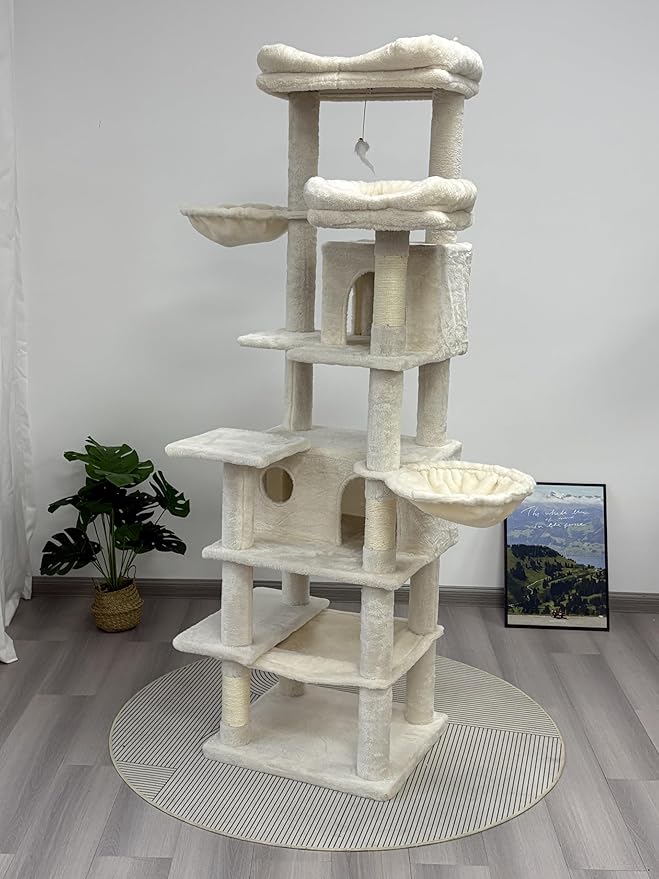 68 Inch Multi-Level Large Cat Tree - Sisal Scratching Posts & Removable Cushions, Cozy Hammock and Comfortable Hideaway, Tall Cat Tower for Indoor Cats (Beige + MDF)