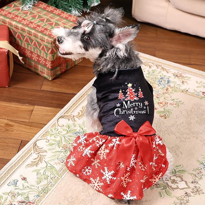 CuteBone Christmas Dog Dresses Velvet Holiday Small Dogs Clothes Onesie Pet Apparel Girl Puppy Skirt with Bow Hair Rope CVA54S-D