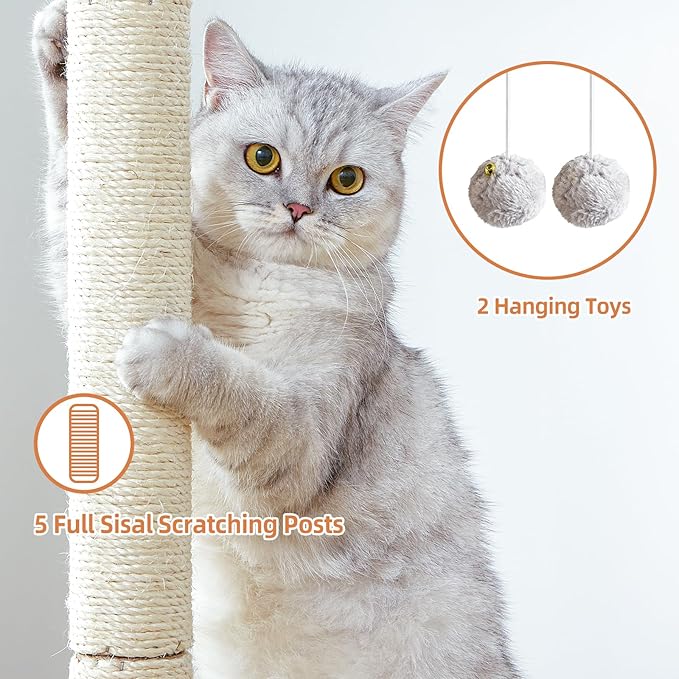 Cat Tree Tower Scratching Post for Indoor Large Cats, Small Cat Tree with Big Perch Bed, 28in Tall Trees House with Condo Cave, Toy Balls, Modern Climbing Furniture Platform for Kitten (Beige)