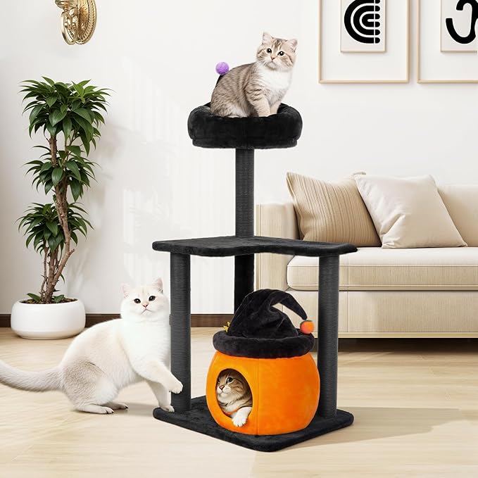 44.8in Gothic Cat Tree, Black Cat Condo Cats Tower with Coffin Bed & Sisal Scratching Posts, Scratching Ramp and Comfort Basket for Indoor Cats (44.8" Tall Black)