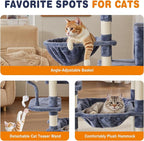 71in Extra Large Cat Tree Tower, Multi-Level Tall Cat Tower with Scratching Post/Hammock/Plush Condo/Pompoms/Wide Base, Heavy Duty Cats Tree for 20lb+ Large Adult Cats/Kittens, Grey