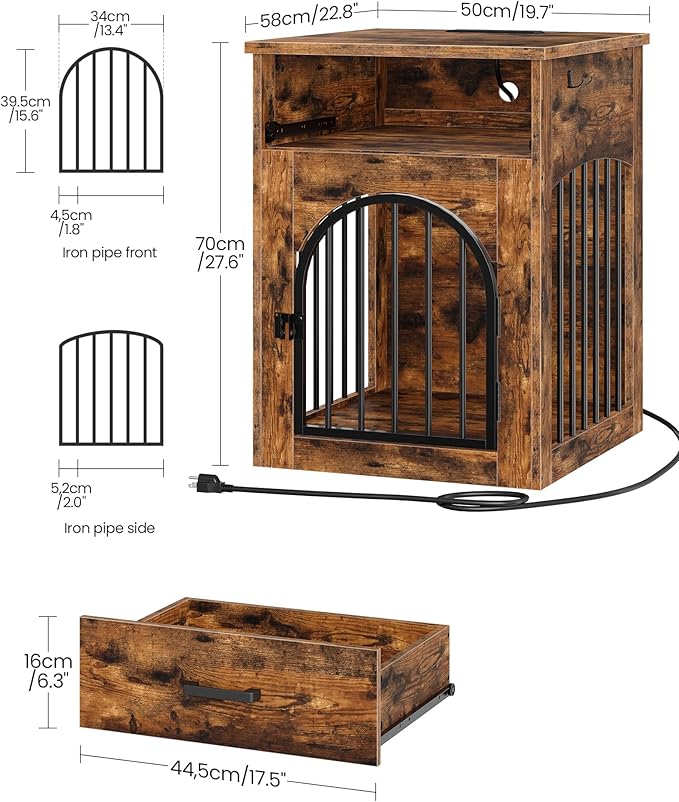 Dog Crate Furniture, Wooden Dog House with Charging Station and Storage Drawer, Indoor Pet Crate End Table for Small Breeds, for Living Room, Bedroom, Rustic Brown MGW01UFG