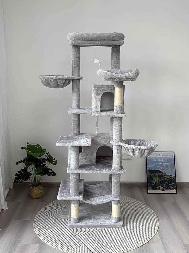 68-Inch Cat Tree Tower for Indoor, Multi-Level Furniture with 2 Hammocks, Cave & Scratching Posts, Plush Condo for Large Cats & Multi-Cat Households (Light Gray-A)