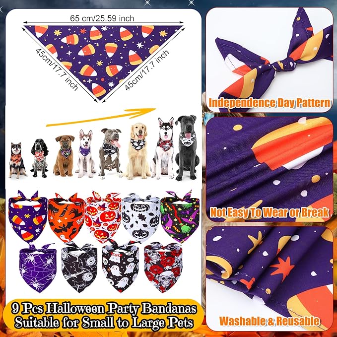 Sadnyy 18 Pcs Halloween Dog Bandanas Bulk Pumpkin Dog Bandanas Spider Triangle Scarf Adjustable Bat Headbands Bib for Small Medium Large Pet Halloween Holiday Costume Accessories