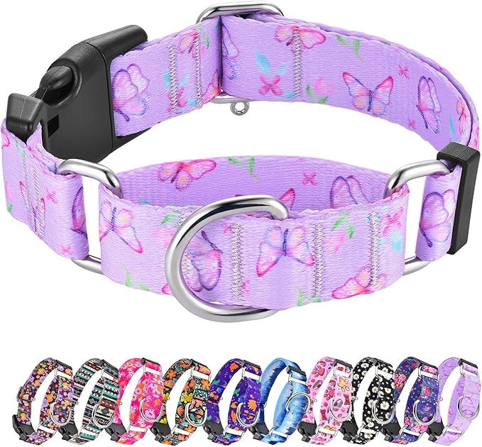 Hikiko Martingale Collar for Dogs Purple Butterfly Nylon Dog Collars with Buckle for Cute Girl Small Medium Large Dogs（Purple Butterfly,Medium）
