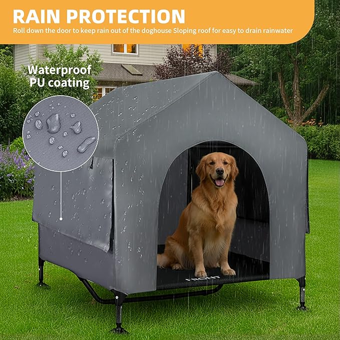42" Dog House Outdoor Indoor with Breathable Mesh Windows, 2-in-1 Outside Dog House Elevated Dog Bed Cot Dog Tent Shade Shelter, Easy to Assemble & Clean (42 INCH)