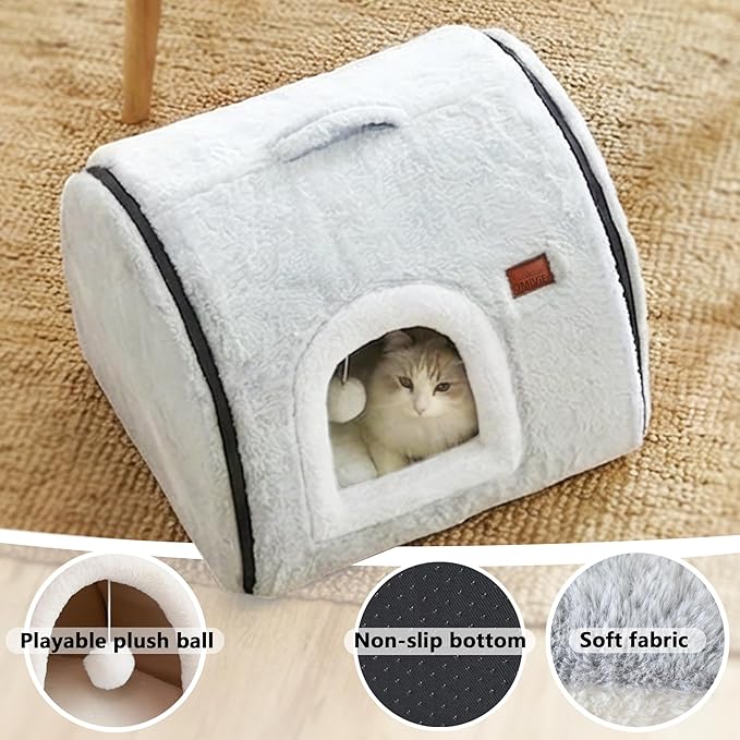 cat Bed cave-cat beds for Indoor Cats,Soft and Comfortable,Cute cat House,with Removable Washable Cushioned Pillow,Enclosed cat Bed,Kitty pet hut、Hideaway,Small Dog Tent,Grey