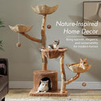 PAWZ Road Cat Tree for Indoor Cats Large Adults, 59 Inches Modern Cat Tower with 3 Large Baskets, Natural Solid Wood, Luxury Condo and Hammock, Modern Furniture for Big Cats, Brown
