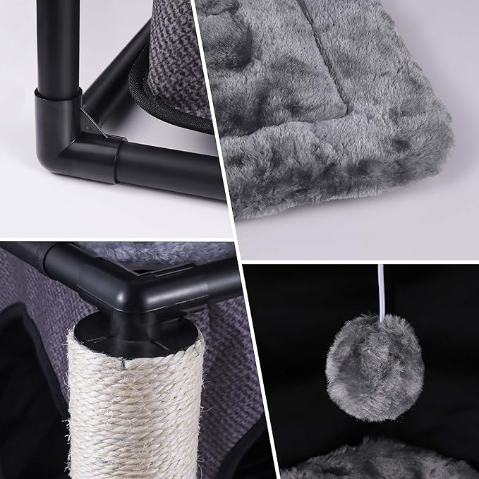 Goetland PVC Modern Cat Condo Cat House Cat Tree Small Cat Tower Bed Scratching Post Dangling Ball Hole for Kitty Indoors Cat Gray